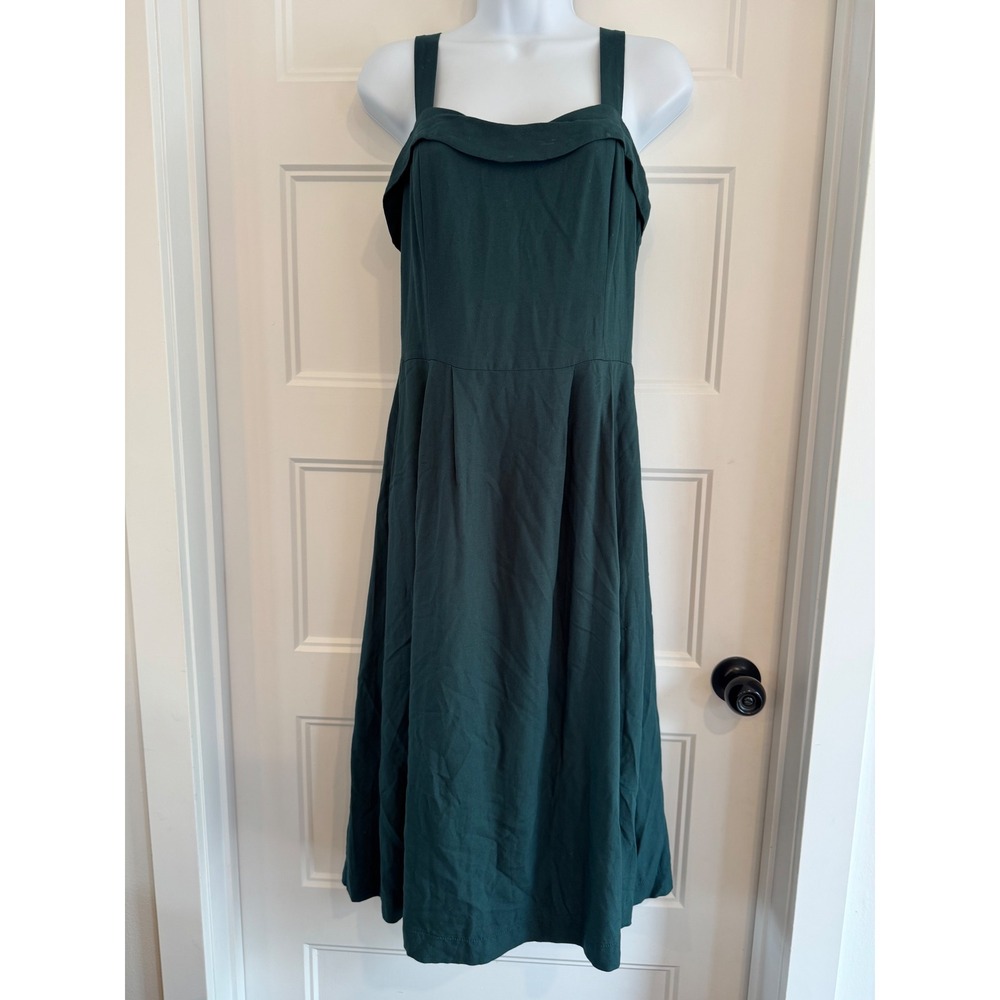 Birds of North America Forest Green Pleated Midi Dress with Pockets Size 8